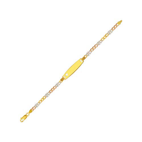 Id Bracelet - Unique Jewelry Gift for Her and Him - Tricolor Figaro Star Heart 14k Gold Bar Bracelets – Free Customizable Personalized Engraving with Name - Brazalete Con Place 14k Oro -Size 6''2