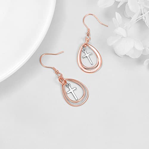 Cross Dangle Earrings Sterling Silver Cross Earrings 2 Tone Cross Tear Drop Chandelier Earrings Cross Jewelry Gifts For Women Girls #TOP4