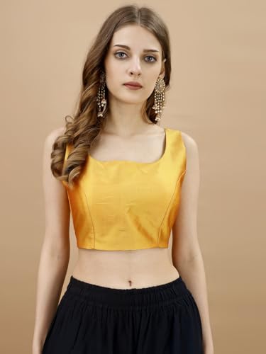 Womanista Women's Tafeta Solid Sleeveless Regular Fit Sequinned Blouse (Bls_49_Yellow Xl)