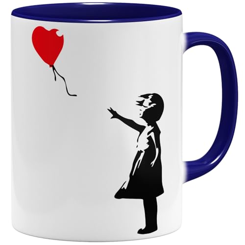 OM3 Banksy Tasse à café avec fille au ballon, motif Street Art, graffiti, en céramique, 325 ml, imprimée des deux côtés, bleu foncé