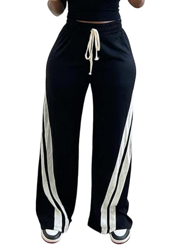 Unybwonn Women High Waist Wide Leg Sweatpants Straight Leg Elastic Waist Pants Casual Striped Pants with Drawstring