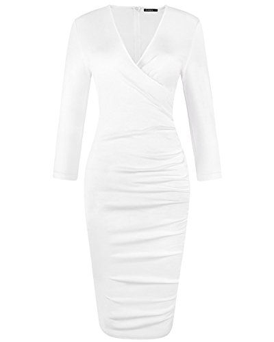 OUGES Women's V-Neck Long Sleeve Ruched Bodycon Pencil Dresses White