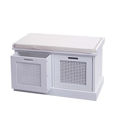 Mendler HWC-J49, banco blanco de 75 cm con dos cajas y cojín crema — HWC-J49 · 80900 · Blanco y crema