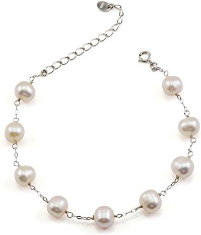 JFUME Women Gift Cultured Freshwater White Pearl Bracelet Stainless Steel Bracelet Adjustable 7.7inch Plus Extention Chain