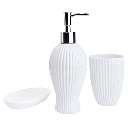 Preisvergleich Produktbild SATU BROWN Badezimmerzubehör-Set mit Streifeneffekt, Seifenspender, Becher, Zahnbürstenhalter und Seifenschale Für Bad, Küche und Gäste-WC (9.Keramik)