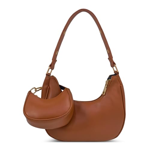 AUDTOPE Shoulder Bags for Women, Crescent Moon Handbag Cute Hobo Bag Faux Leather Clutch Purse with Zipper Closure, Brown