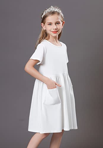 Girls Dresses Short Sleeve Solid Color Casual A-Line Pleated Dress with Pockets2