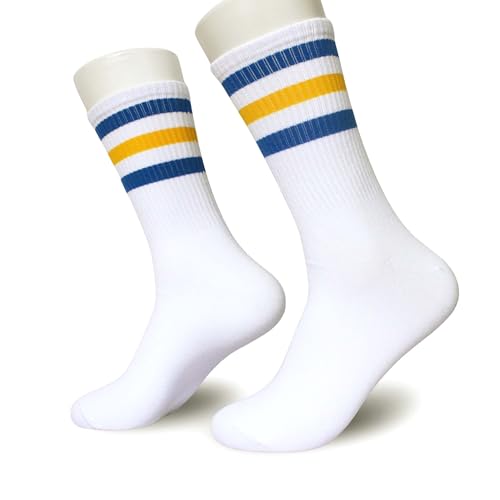 AYQJCBGC Classic Blue and Yellow Striped Crew Socks, Soft Cotton Retro Athletic Sport Socks, Back To School Gifts for Men Women (099)