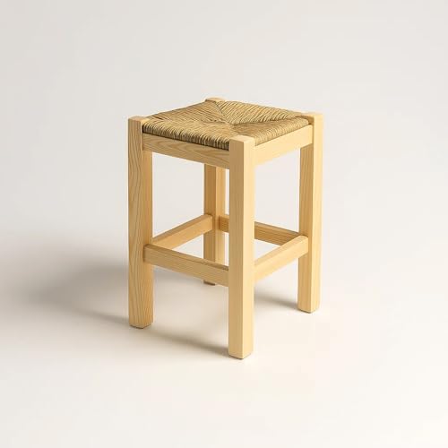 Spacio Taburete Rústico de Madera y Paja