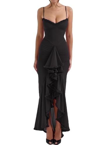 Image of meilun Elegant Mesh Wedding Guest Dress Flowy Ruffle Bodycon Maxi Dress Fishtail Long Formal Dress