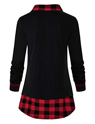 Oyamiki Women's Classic Collar Long Sleeve Curved Hem 2 in 1 Knit Pullover Plaid Contrast Tops Blouse Black/M