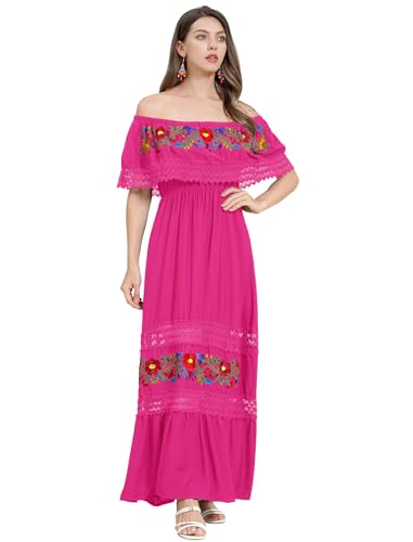 ABAFIP Women's Mexican Embroidered Dress Off Shoulder Floral Embroidery Lace Present Fiesta Midi Dresses
