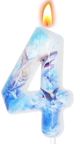 Shark Birthday Candles Shark Party Decoration Supplies Birthday Number Candles for Cake Topper (Blue Number 4)