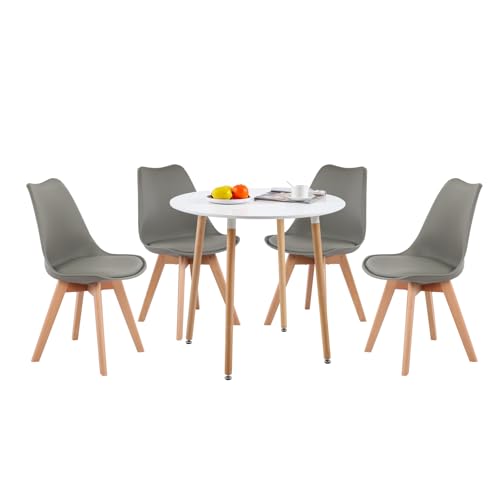 DORAFAIR Juego de Mesa de Comedor y Sillas, 1 Mesa + 4 Sillas, de Diseño Nórdico, Mesa Redonda de 80 cm y 4 Sillas Gris
