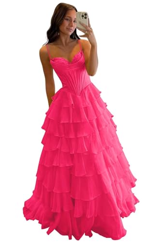 Fair Lady Satin Prom Dress with Slit Long 2026 Ruffle Tiered Chiffon Spaghetti Straps V Neck...