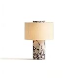 Ytyhmz Marble Luxury Stone Rechargeable Touch Table Lamp, Cylindrical Shape, Linen Cloth Fiber Lampshade, High-End and Light Luxury, Bedroom Bedside Table Night Light（Black, White）