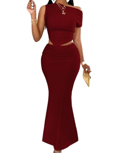 Image of BARASA Two Piece Sets For Women Summer One Shoulder Tops Bodycon Maxi Skirt Set Vacation Sexy Outfits DSA75