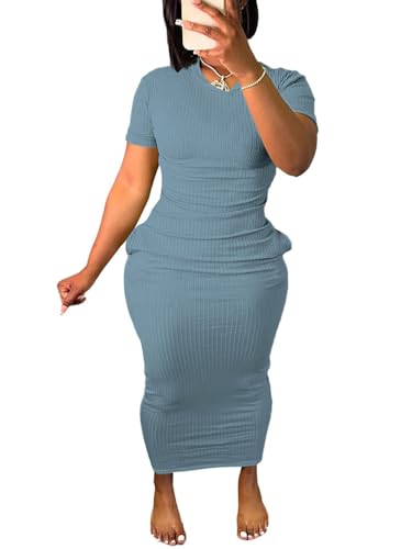 Image of Women's Casual Short Sleeve Dress T Shirt Bodycon Dresses Ribbed V Neck Maxi Sundress Basic Party Club Dress with Pocket