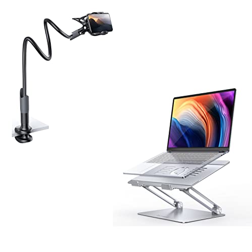 Lamicall Bundle Set Phone Holder Bed Gooseneck Mount+Adjustable Laptop Stand, Portable Laptop Riser