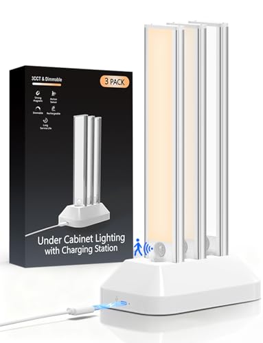 Image of Under Cabinet Lighting with Charging Station, 2000mAh Rechargeable Motion Sensor Light Indoor, 3 Color Tempers Dimmable Closet Lights Wireless, Magnetic Under Cabinet Lights for Kitchen, 3-Pack