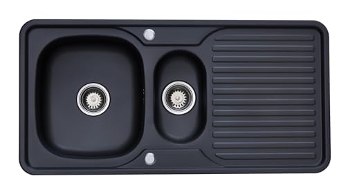 RUMO Prema Nano Black Anthracite Stainless Steel Kitchen Sink 1.5 One and Half Bowl Large deep Reversible Drainer Inset Sinks with Waste Kit Scratch Resistant