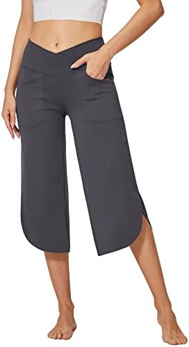 G4Free Yoga Capri Pants for Women Wide Leg Dress Crop Pants with Pockets Cross High Waist Flowy Loose Pajama Sweatpants (Grey, M)