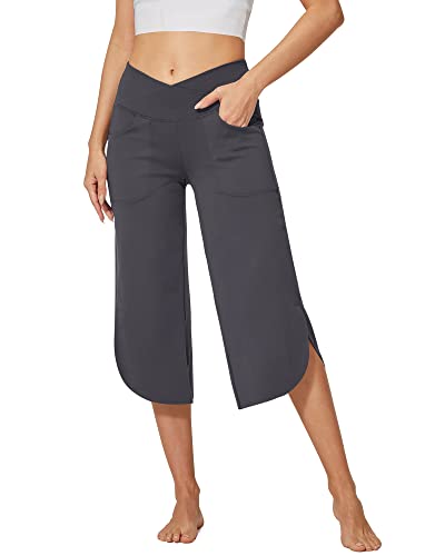 G4Free Yoga Capri Pants For Women Wide Leg Dress Crop Pants With Pockets Cross High Waist Flowy Loose Pajama Sweatpants (Grey, M) #TOP24