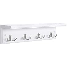 SONGMICS Entryway Hanging Coat Rack, Wall-Mounted Wooden Shelf, with 4 Double Hooks, Wall Floating Shelf, White ULHR42WT
