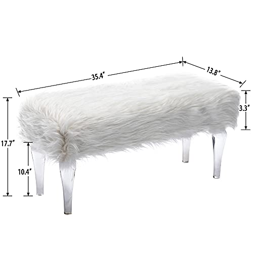 Dm Furniture Modern Faux Fur Entryway Bench Upholstered Ottoman Bench With Clear Acrylic Legs Furry End Of Bed Accent Bench Stool For Living Room Bedroom (White, 35.4'') #TOP1