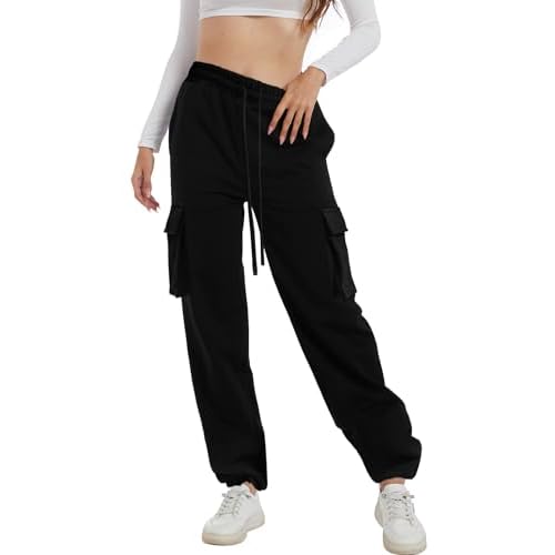 COZYPOIN Women's Loose Cargo Joggers 2024 Spring Summer Sweatpants Hiking Pants Multiple Pockets Y2 Jogger X-Large Black