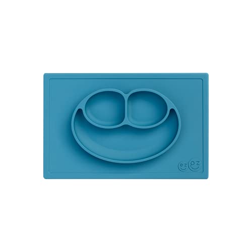 Image of ezpz Happy Mat (Blue) - 24 Months+ - 100% Silicone Suction Placemat + Divided Plate with Three Compartments - Toddler + Preschool Essentials