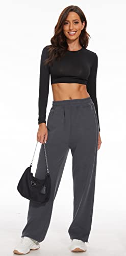 Women's Wide Leg Pants With Pockets Casual Sweatpants Elastic Waist With Drawstring Comfy Lounge Flowy Pants Dark Gray Small #TOP2