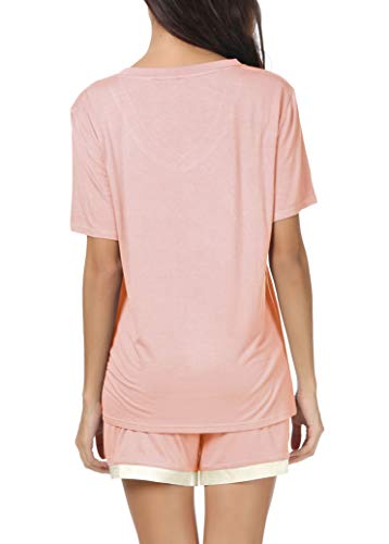 Invug Women Nightwear Short Sleeve Shirt and Shorts Pajama Set V Neck Sleepwear Pink S - Thumbnail 2
