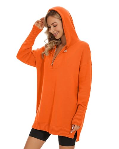 Image of Women's Hooded Sweater Loose Half Zip Drawstring Pullover Sweatshirt Top Casual Long Sleeve Side Slit Knit Hoodie