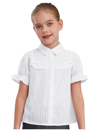 Kids Girls Lace Trim Ruffle Blouses Puff Sleeve Button Down Shirts Princess Party School Uniform Tops Daily Wear