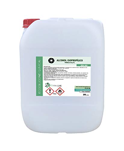 Ecosoluciones Químicas ECO-301 | 20 litros | Alcohol Isopropílico 99,9% Alta pureza IPA | Limpieza componentes electrónicos, Objetivos, Pantallas. Desengrasante. Desinfección y Limpieza Superficies