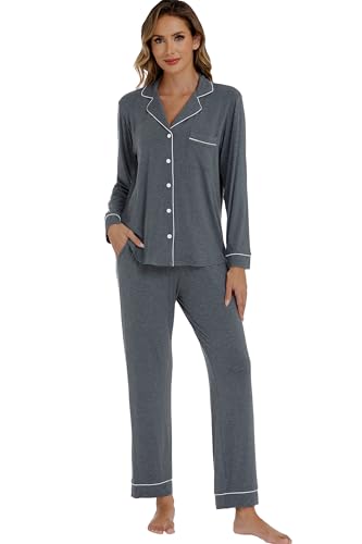 Image of LUBOT Womens Bamboo Viscose Pajamas for Women 2 Piece PJ Set Ultra Buttery Soft Cooling Button Long Sleeve Sleepwear S-XXL