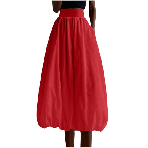 Women's Elastic Waist Skirts A Line Midi Bubble Casual Lantern Skirt Loose Fit Pleated Solid Fashion Skirts