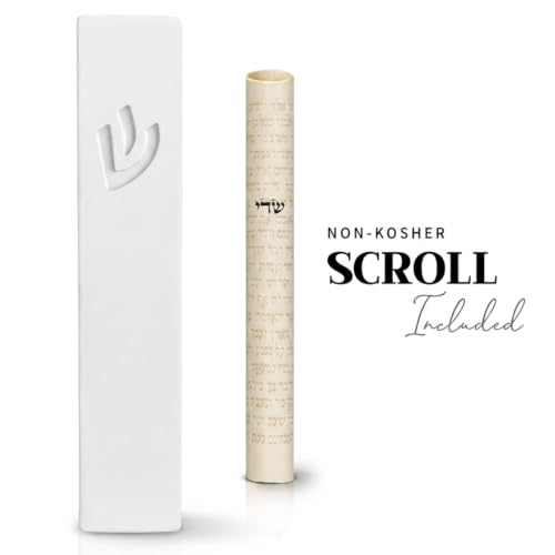 Image of SURI Mezuzah for Door - 5 Inch White Concrete Mezuzah Case with Non Kosher Scroll, Self-Stick Jewish Entry Design, Fits a 4 Inch Scroll, Gift Box Included