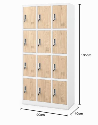 Miniatura 2 de Jan Nowak Armario Para Vestuario 3b4a Taquilla Metálico Con 12 Compartimentos Ranuras De Ventilación Recubrimiento De Polvo 185 Cm X 90 Cm X 40 Cm Blanco-Madera