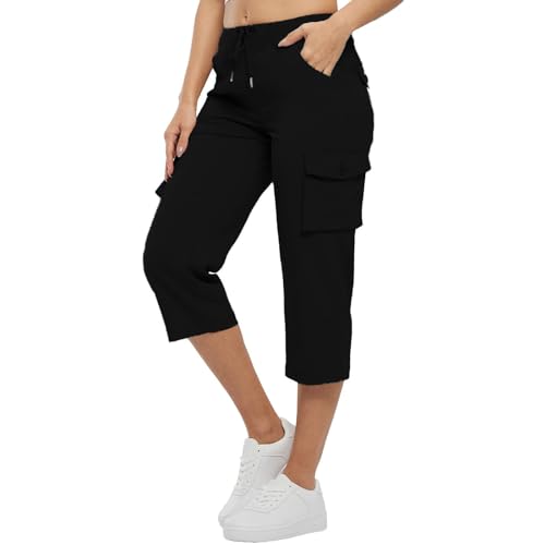 Womens Cargo Capris Casual Elastic Waist Travel Hiking Pants Lightweight Summer Wide Leg Cropped Pants with Pockets3