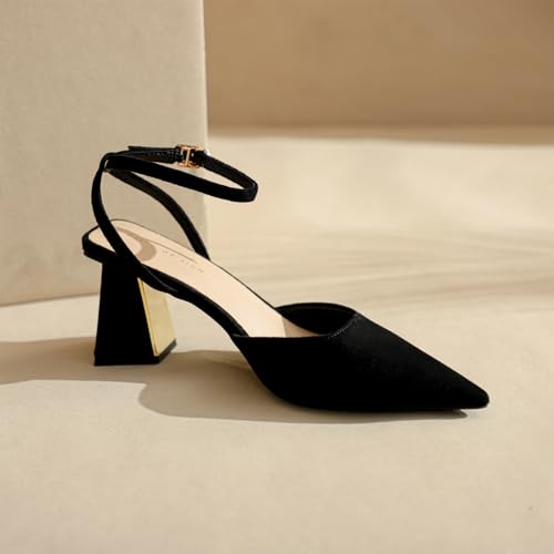Women's Suede Slingback Chunky Low Heels Closed Pointed Toe Comfortable Ankle Strap Elegant Wedding Party Dress Pumps4