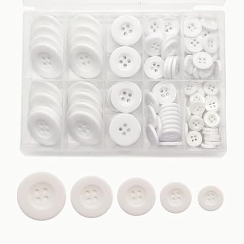Premium 120 Pcs Resin Sewing Buttons, Eco-Friendly 4-Hole Craft Buttons, 5 Sizes of Round Mixed Buttons Suitable for Sewing, DIY and Holiday Decoration (Wide Edge, White) Cover