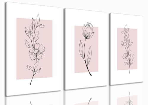 Image of MTFBWY Floral Wall Art Line Flower Canvas Print Pink Botanical Pictures Poster Home Wall Decor Framed Minimalist Painting Artwork Set of 3 for Bedroom,Living Room Bathroom 12"x16"