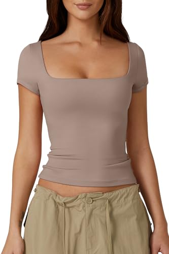 QINSEN Women's Square Neck Short Sleeve Double-Layer Tops Basic Slim Fit Going Out T Shirt
