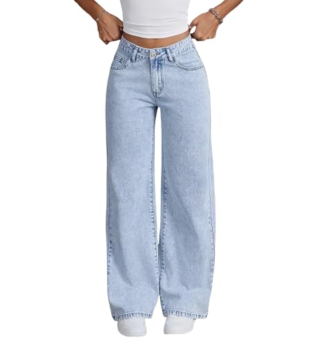 Women's Mid Rise Wide Leg Jeans - Non-Stretch Light Blue Denim, Comfort Waistband & Faded Wash, Size 24-32