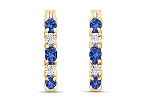 Oval Cut Simulated Blue Sapphire With Natural Diamond Hoop Earrings In 14K Yellow Gold Over Sterling Silver (2.1 Ct) #TOP1