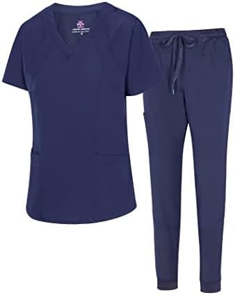 Natural Uniforms Womens Cool Stretch Jogger Scrub Set (True Navy Blue, Large)