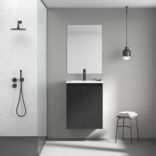 AMIZUVA - Conjunto Mueble de Baño con Lavabo Modelo Fine - Ideal para Baños Pequeños - Lavabo con Mueble suspendido con Armario - Acabado en Gris Negro Mate - 50x63x36 cm