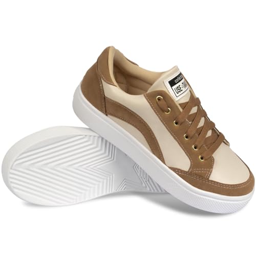 Tênis Feminino Casual Básico Sintético Off White e Bege A119 (Off White e Bege, BR, Adulto, Numérico